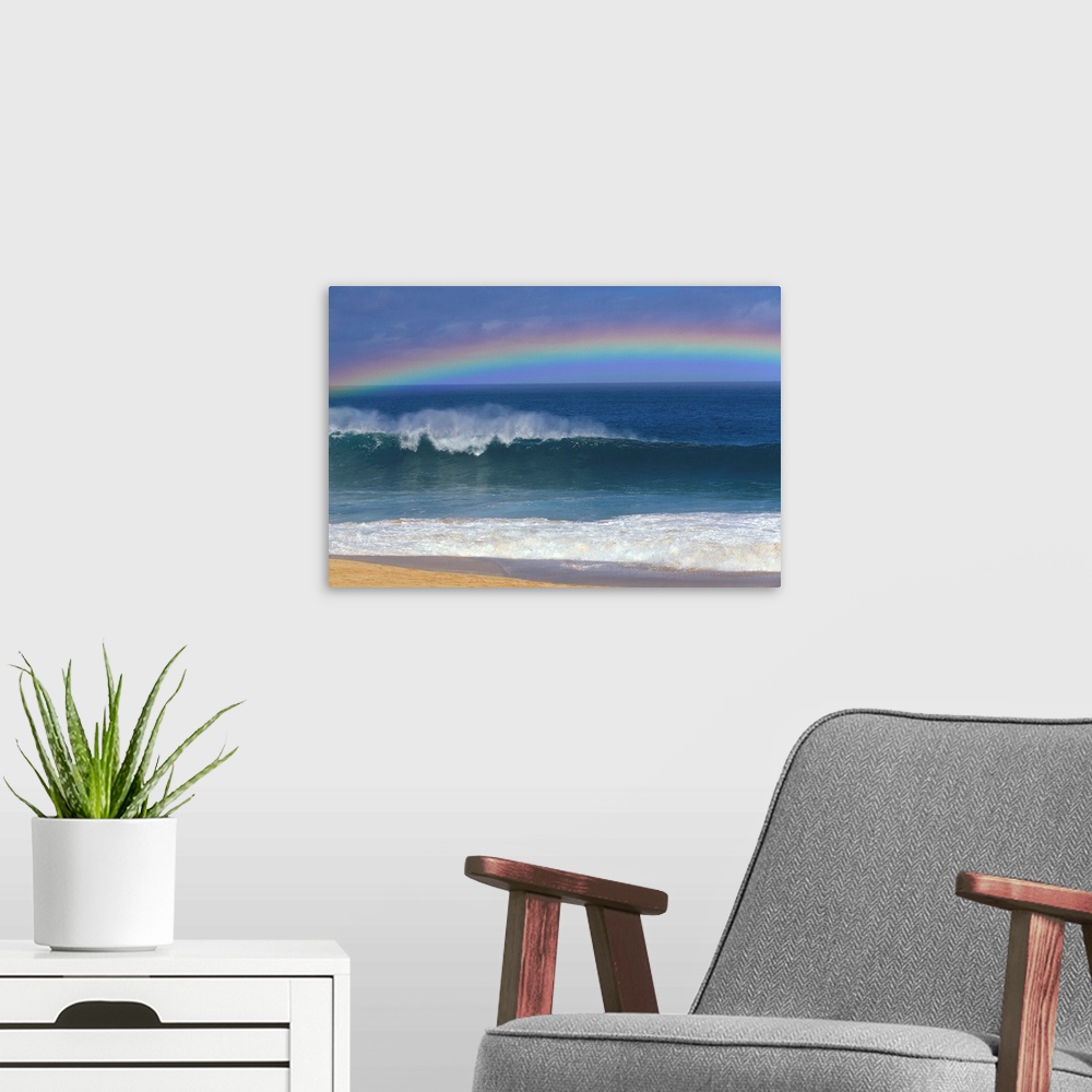 A modern room featuring Rainbow Over Shore Break Beach Foreground, Horizon And Blue Sky