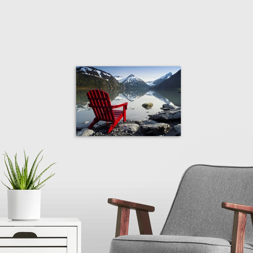 A modern room featuring Red Adirondack Chair At Portage Lake With Chugach Mountains In The Background, Southcentral, Alaska