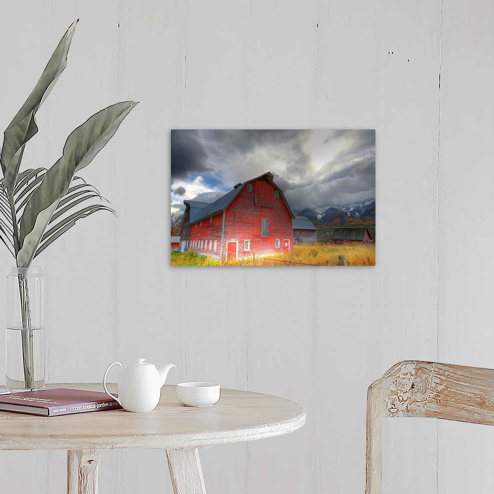 A farmhouse room featuring Red Barn Mt. Fernie In The Background, British Columbia, Canada