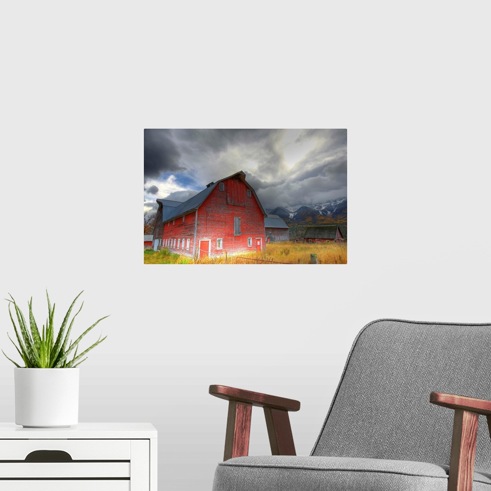 A modern room featuring Red Barn Mt. Fernie In The Background, British Columbia, Canada
