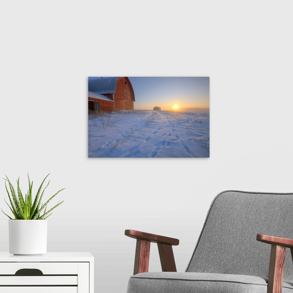 A modern room featuring Red Barn On Very Cold Winter Morning At Sunrise, Alberta, Canada
