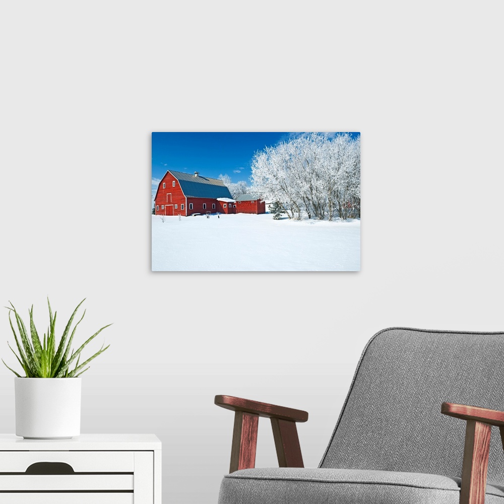 A modern room featuring Red Barn, Winter, Grande Pointe, Manitoba, Canada