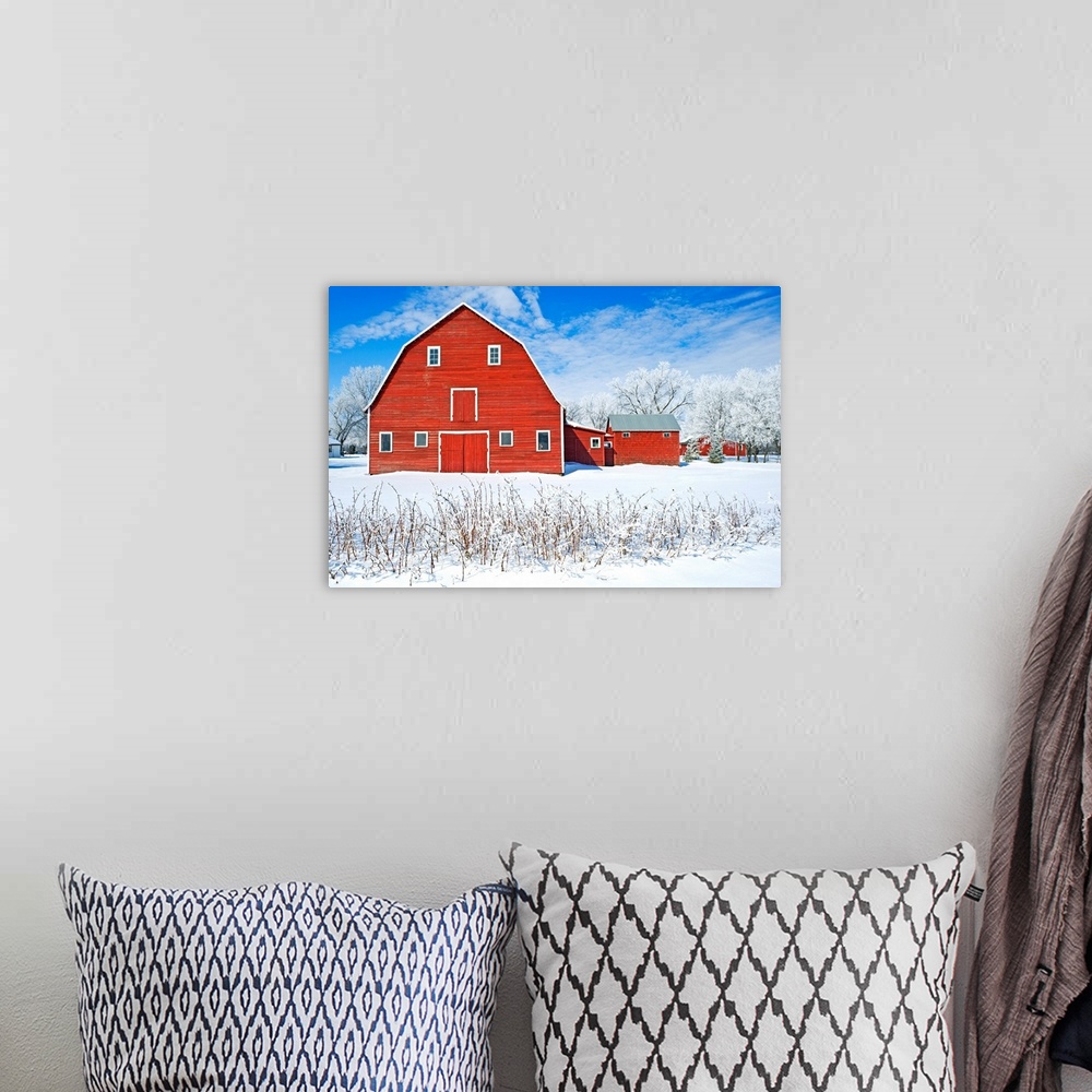 A bohemian room featuring Red Barn, Winter, Grande Pointe, Manitoba, Canada