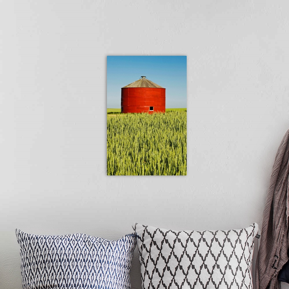 A bohemian room featuring Red Grain Bin In Wheat Field, Sceptre, Saskatchewan, Canada