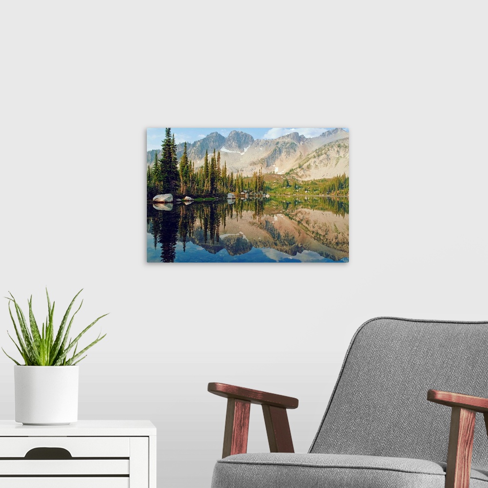 A modern room featuring Reflections Of The Trees And Mountains In Blue Lake, Eaglecap Wilderness, Oregon