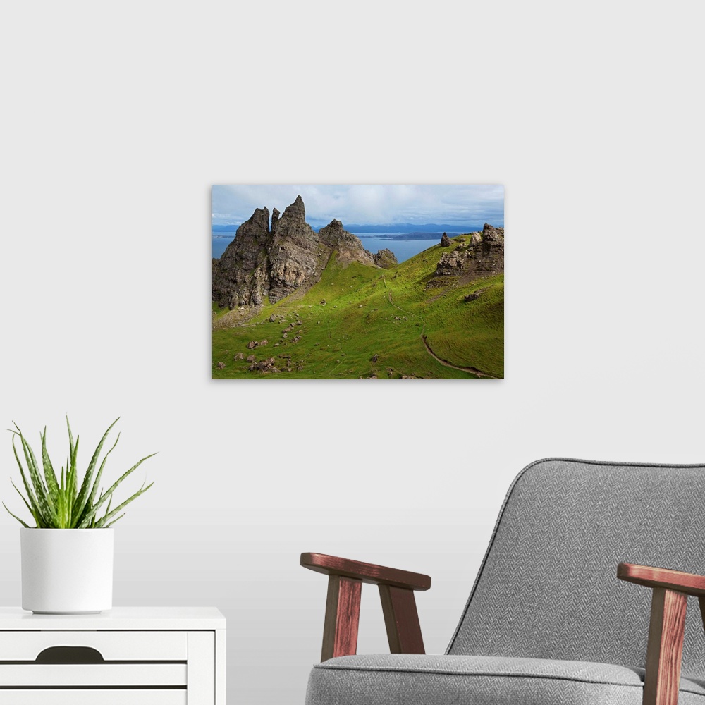 A modern room featuring Rock formation on Trotternish Peninsula. Isle of Skye, Hebrides, Scotland.