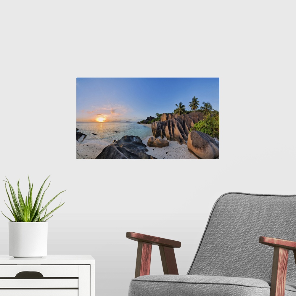 A modern room featuring Rock Formations and Palm Trees at Sunset, Anse Source doArgent, La Digue, Seychelles