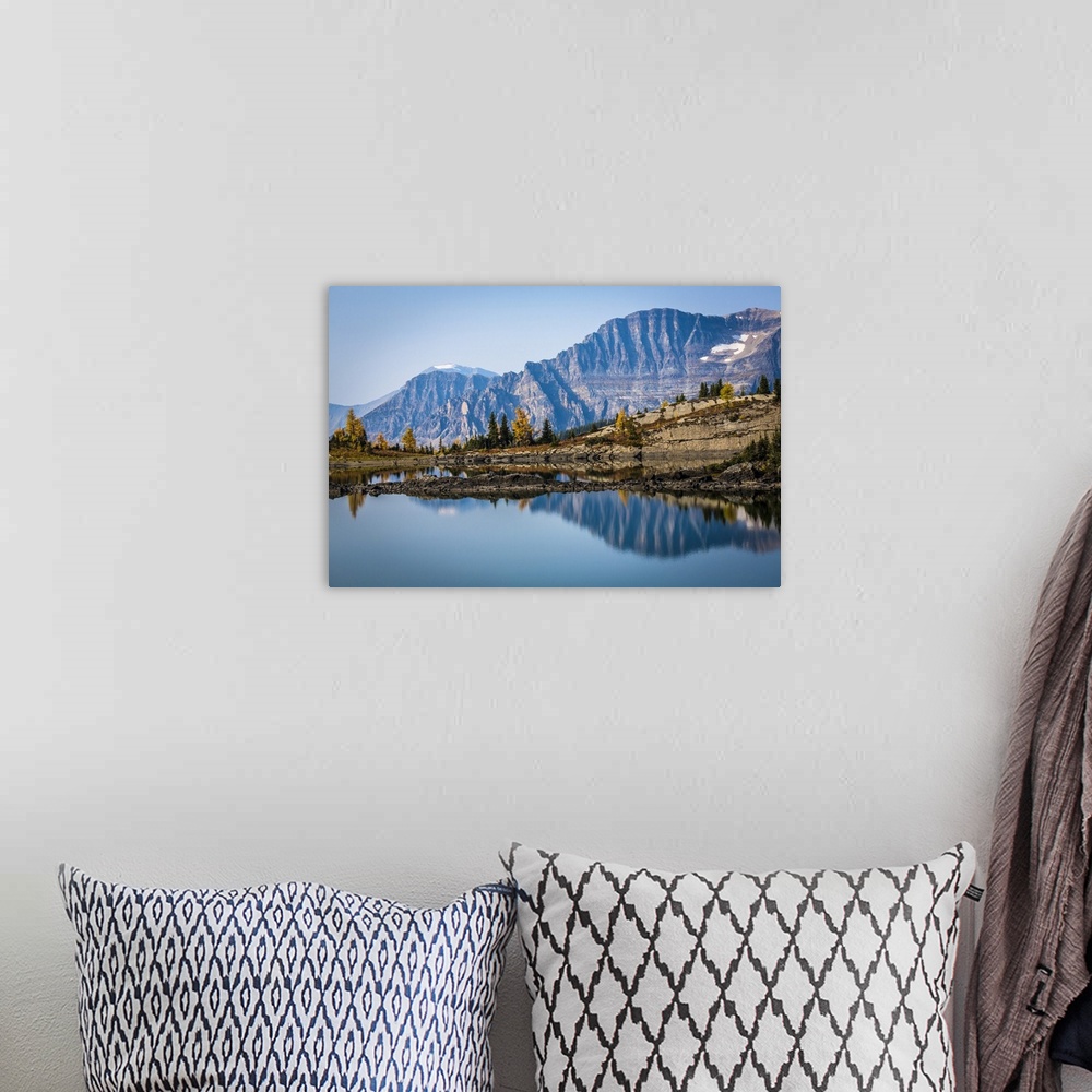 A bohemian room featuring Rock Isle Lake in Autumn with Mountain Range in Background, Mount Assiniboine Provincial Park, Br...