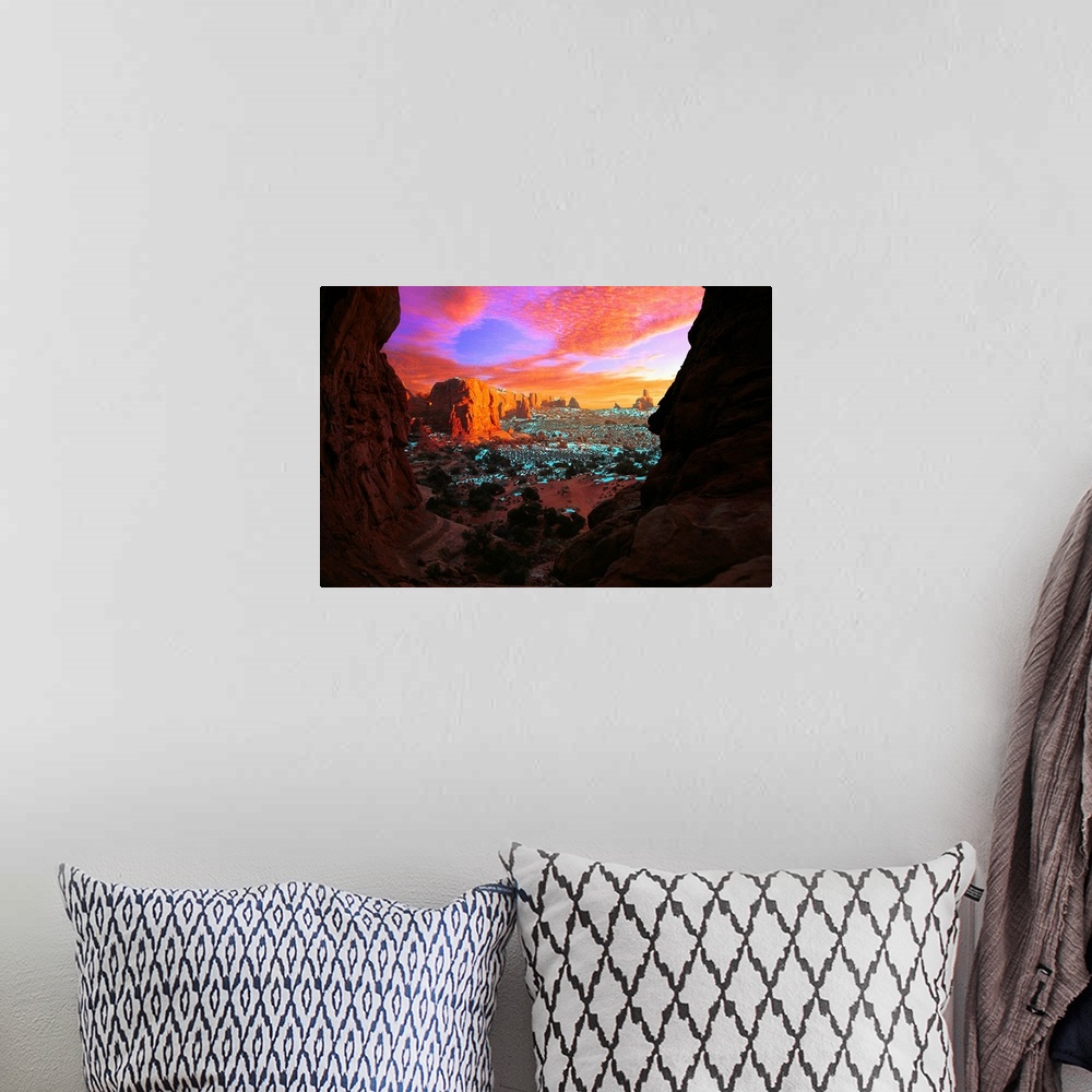 A bohemian room featuring Rocky Buttes Viewed Through Canyon, Utah, USA