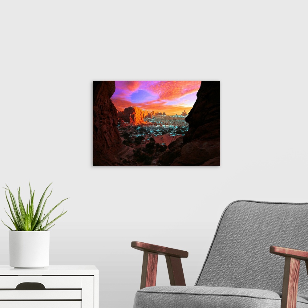 A modern room featuring Rocky Buttes Viewed Through Canyon, Utah, USA