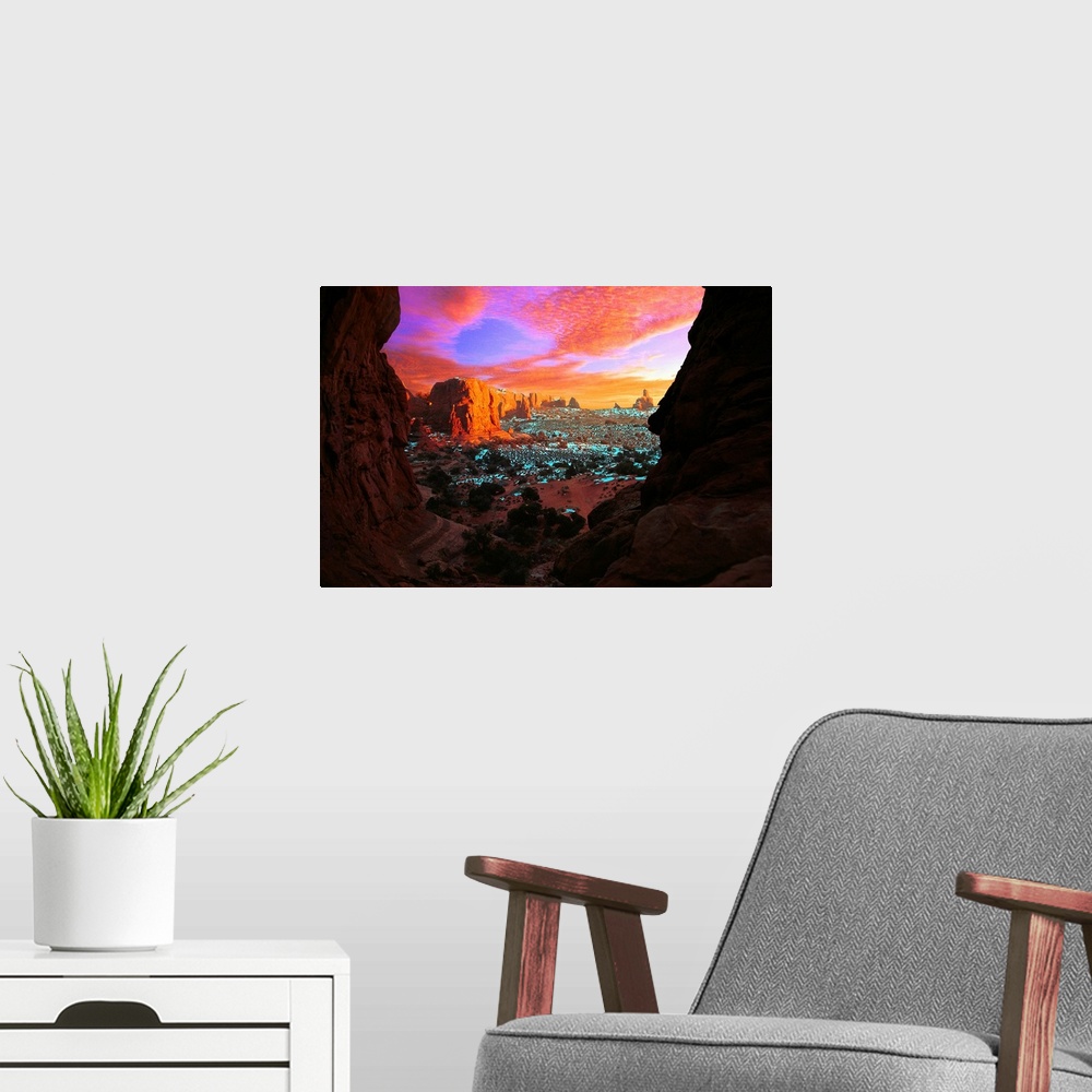 A modern room featuring Rocky Buttes Viewed Through Canyon, Utah, USA