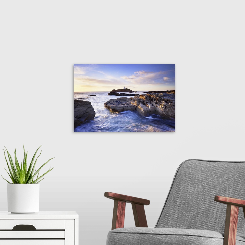 A modern room featuring Rocky Coastline and Lighthouse, Godrevy Point, Cornwall, England
