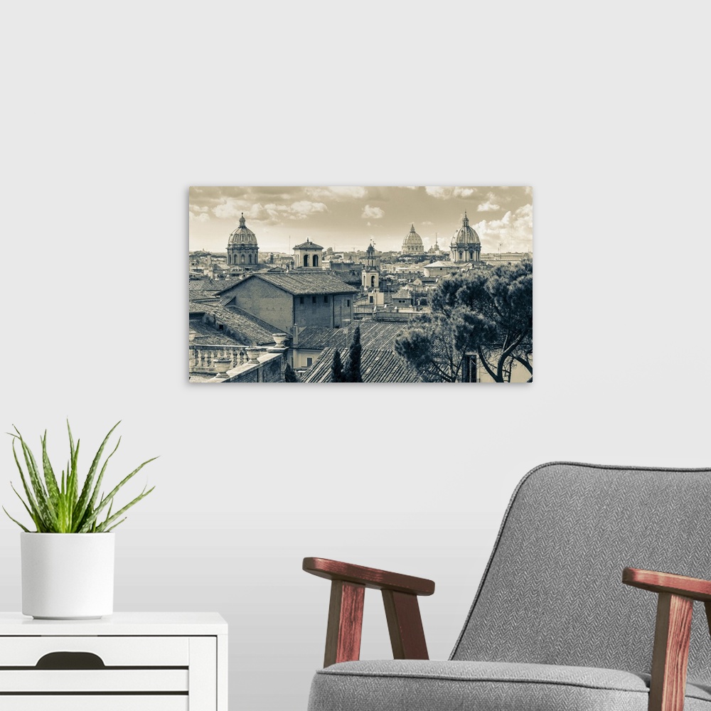 A modern room featuring Rome, Italy. Rooftops and domes. In the far distance is St. Peter's. The historic centre of Rome ...