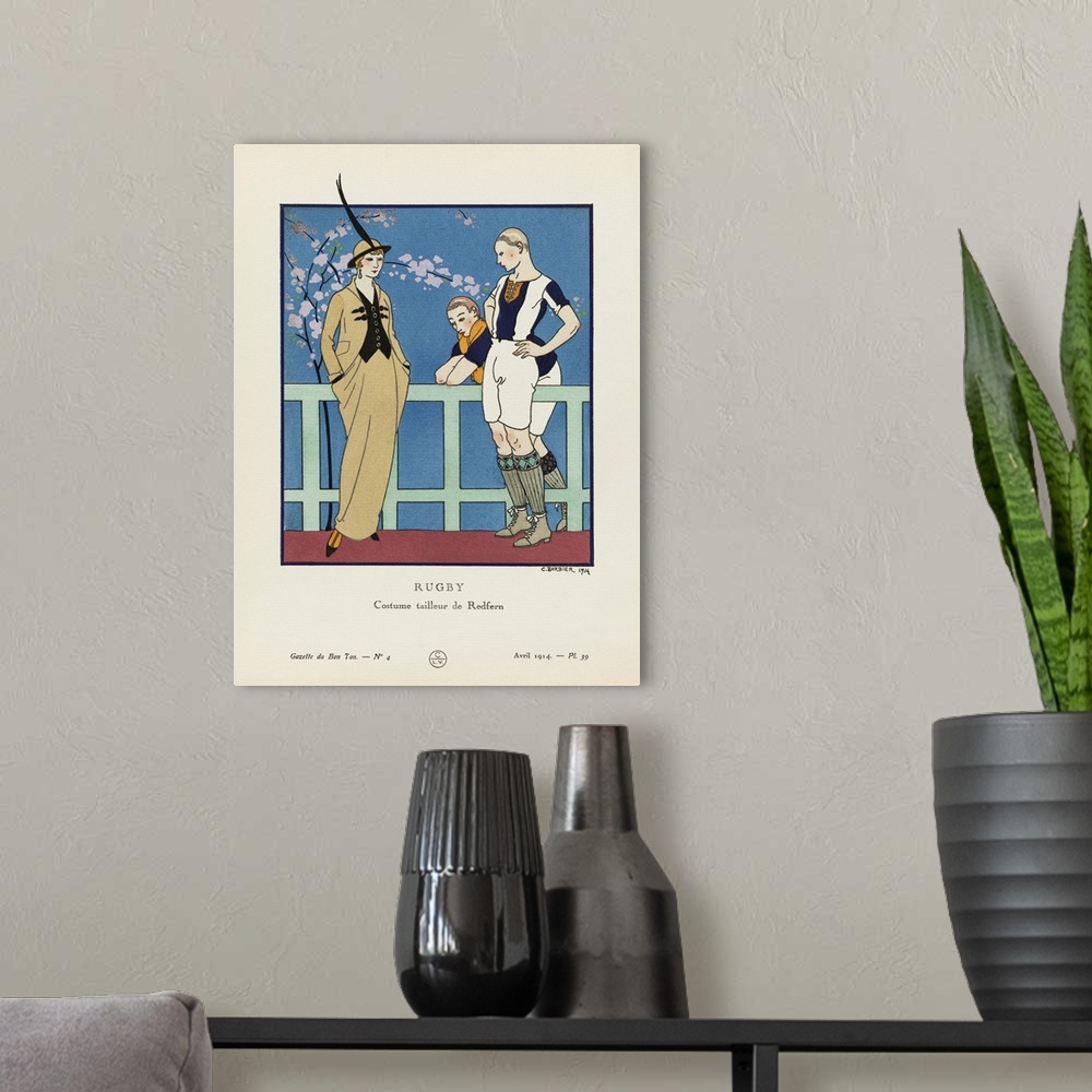 A modern room featuring Rugby.  Costume tailleur de Redfern.  Tailored suit by Redfern.  Art-deco fashion illustration by...
