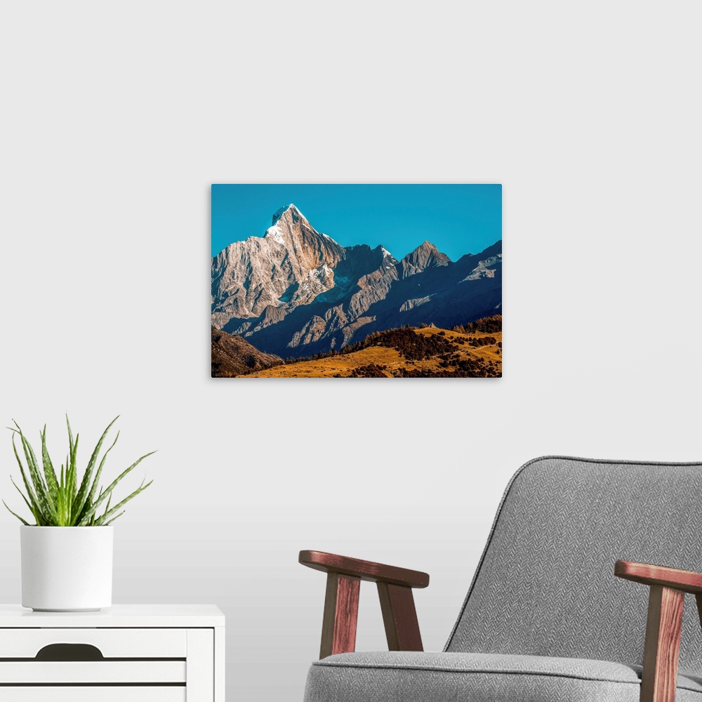A modern room featuring Rugged mountainous terrain of Mount Siguniang under a bright blue sky, Siguniang National Park Ng...