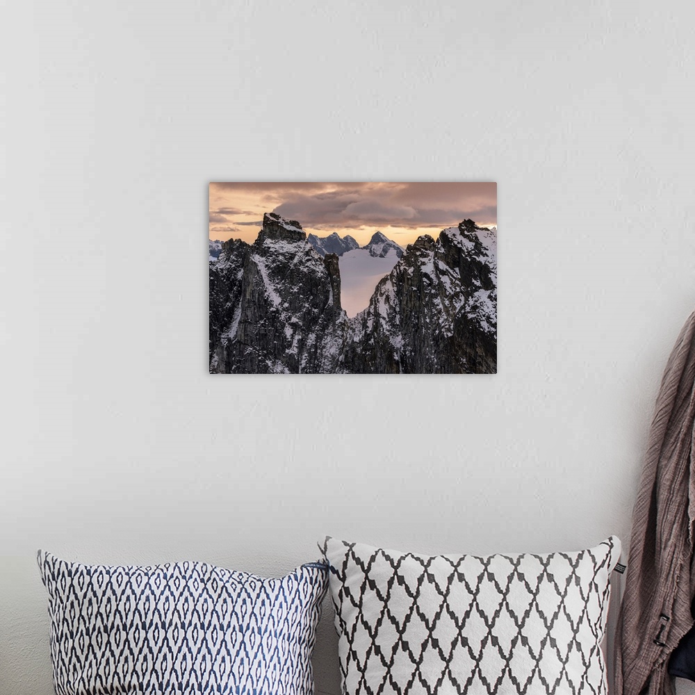 A bohemian room featuring Rugged peaks and snow-covered glaciers at sunset, Juneau icefield, Tongass national forest, Alask...