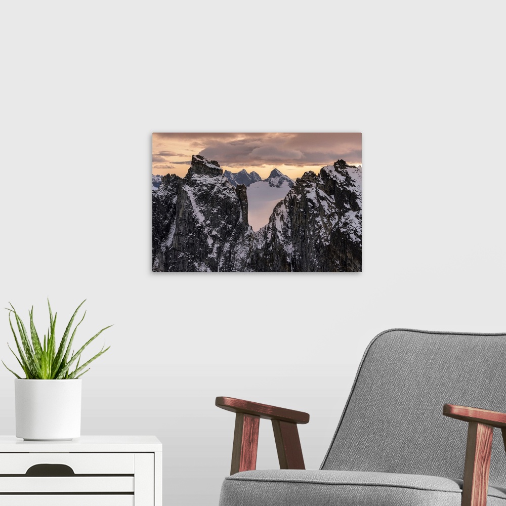 A modern room featuring Rugged peaks and snow-covered glaciers at sunset, Juneau icefield, Tongass national forest, Alask...