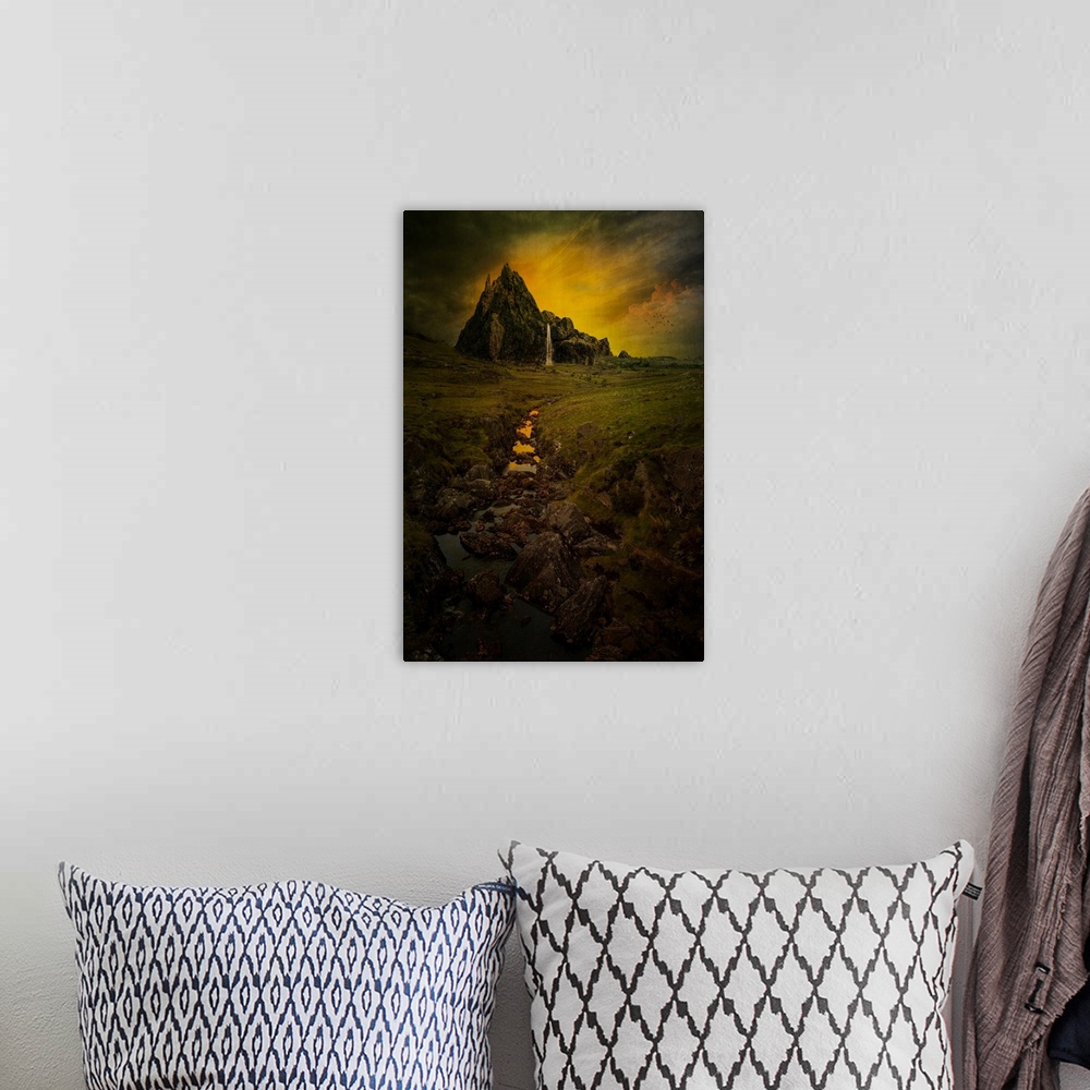 A bohemian room featuring Rugged rock formation with peaks against a dramatic glowing sky, a composite image; Dingle, Count...