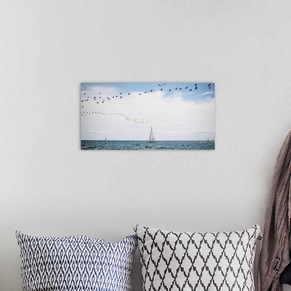A bohemian room featuring Sailboats cruise the waters of Lake Ontario as a flock of water birds take to the air, Toronto, O...
