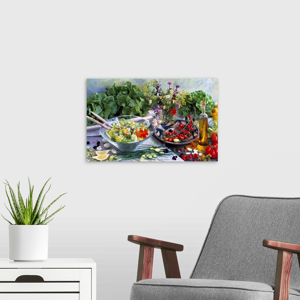 A modern room featuring Salad still-life with vegetables and ingredients