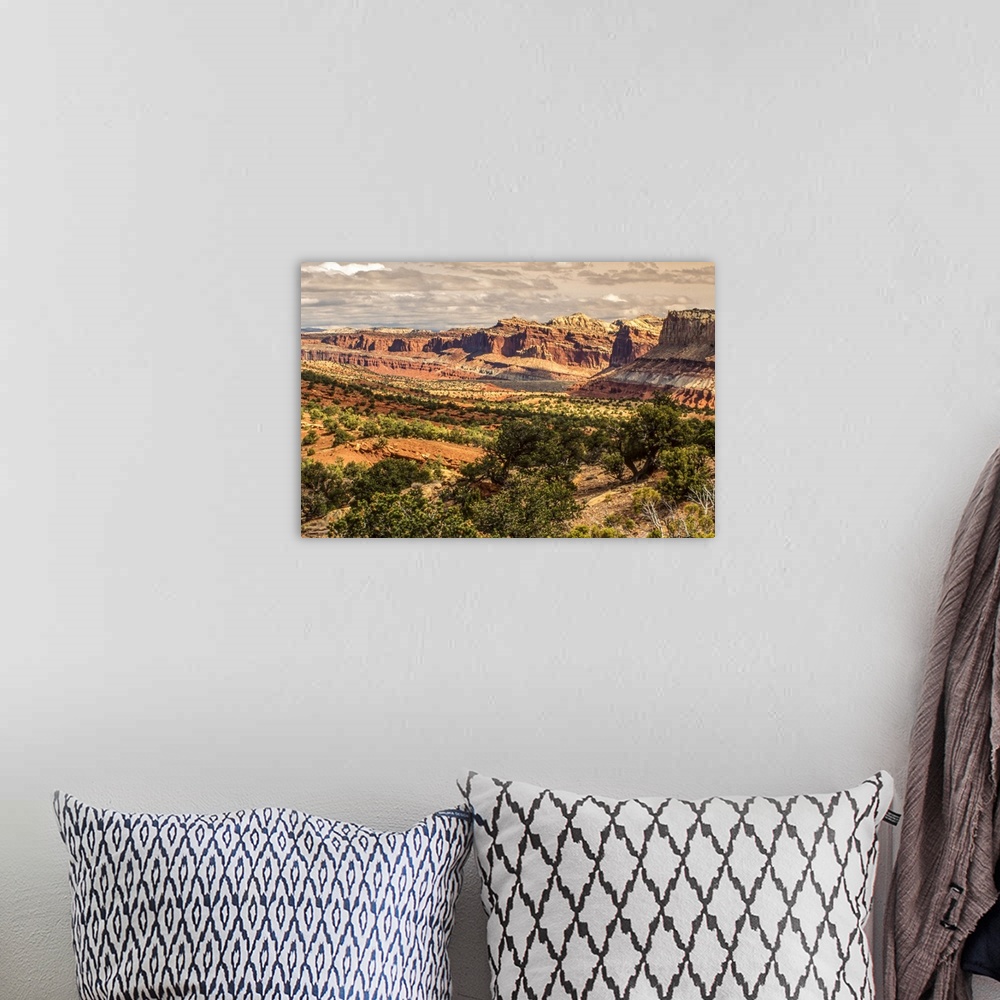 A bohemian room featuring Overview of the sandstone rock formations along the valley covered in juniper trees (Juniper scop...
