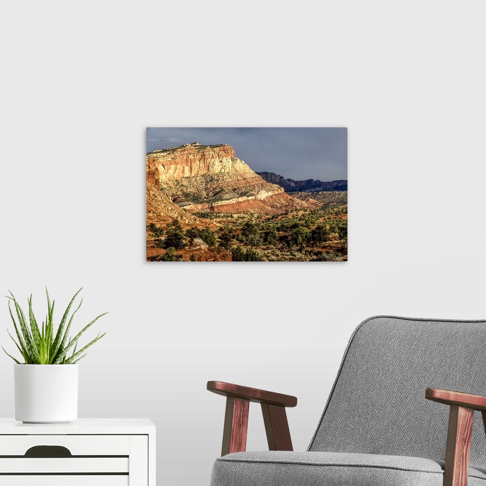 A modern room featuring Sandstone rock formations along the valley covered in juniper trees (Juniper scopulorum) in Capit...
