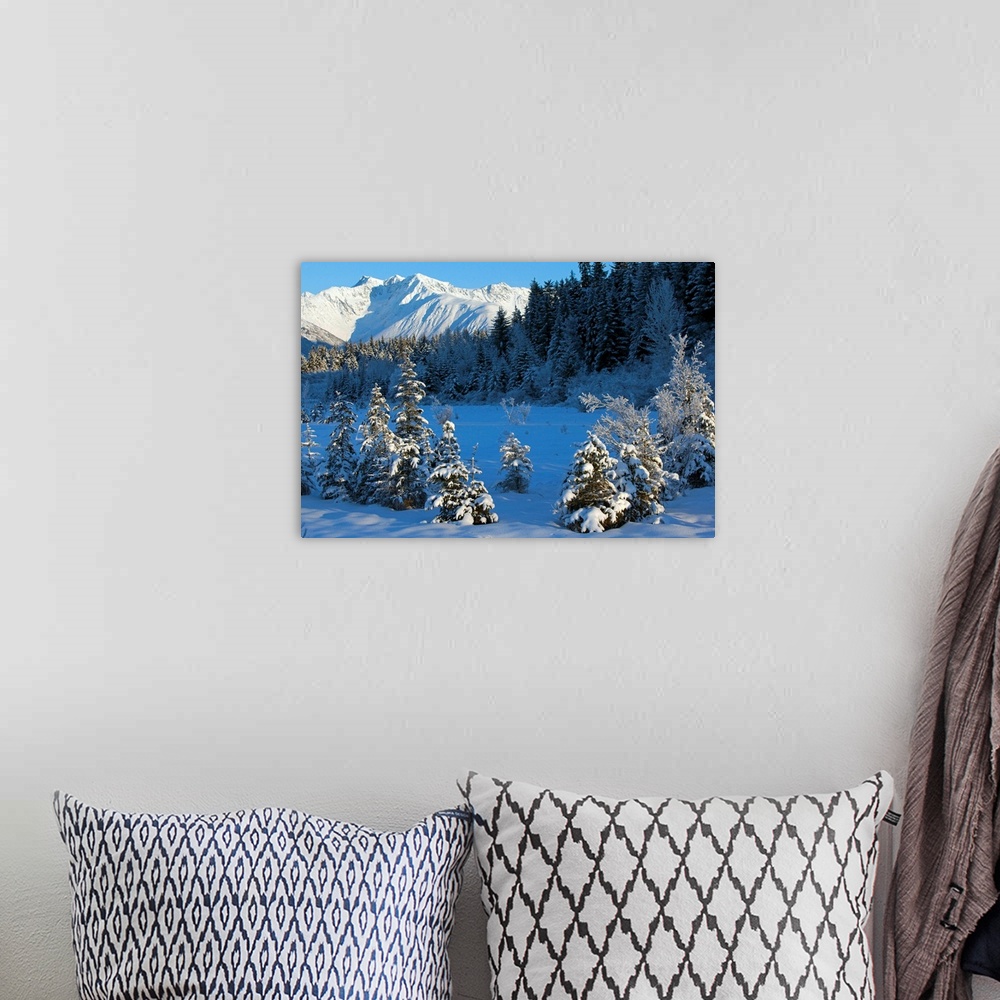 A bohemian room featuring Scenic view of Chugach Mountains and snowcovered landscape, Southcentral Alaska, Winter