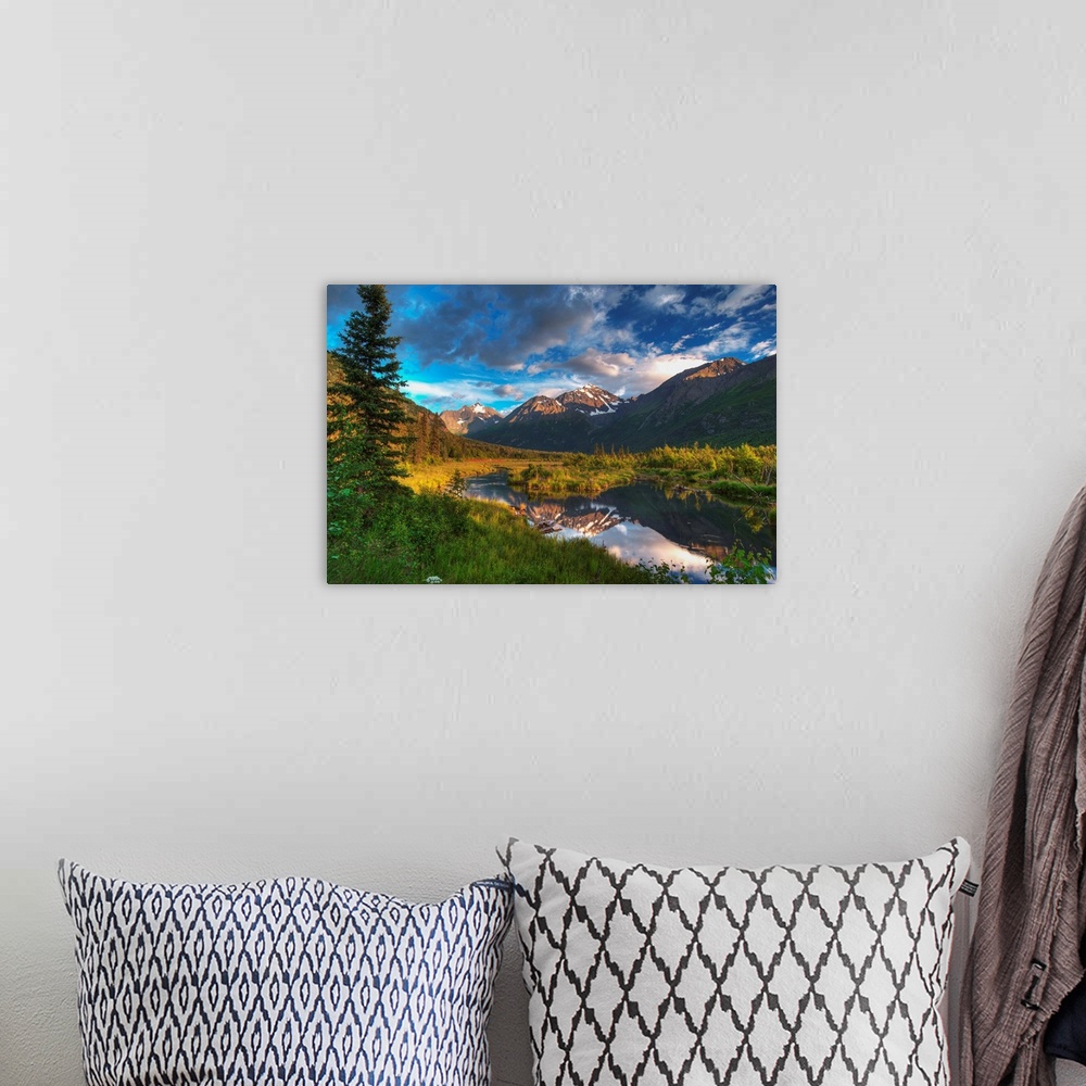 A bohemian room featuring Scenic view of Eagle River Valley and Chugach Mountains at sunset, Alaska