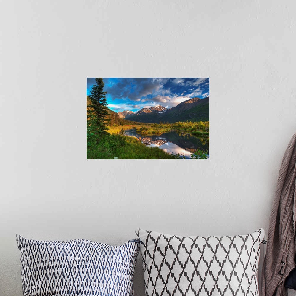 A bohemian room featuring Scenic view of Eagle River Valley and Chugach Mountains at sunset, Alaska
