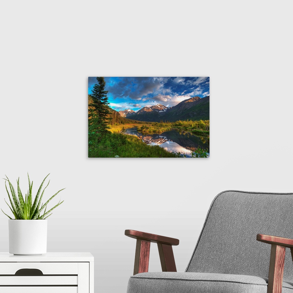 A modern room featuring Scenic view of Eagle River Valley and Chugach Mountains at sunset, Alaska