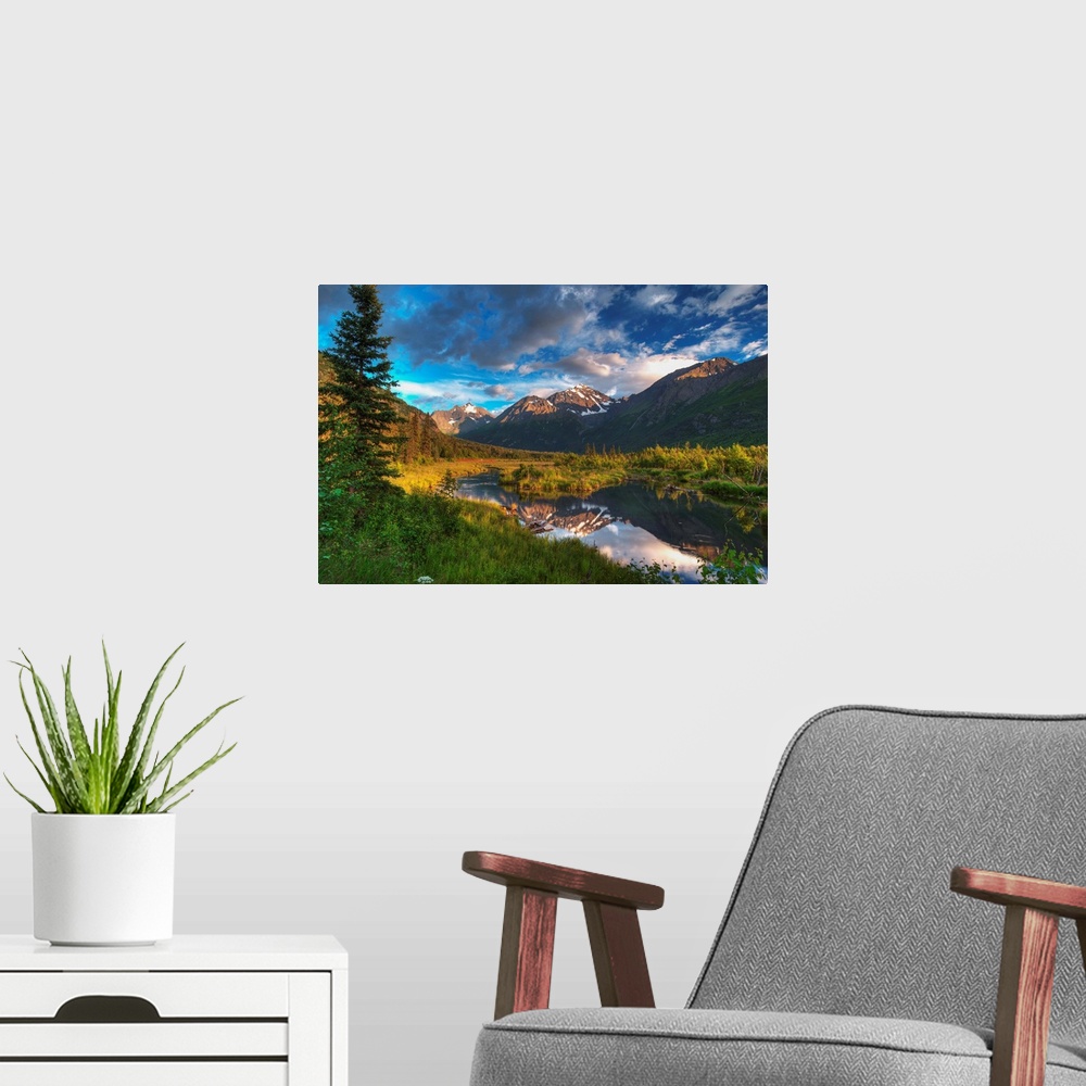 A modern room featuring Scenic view of Eagle River Valley and Chugach Mountains at sunset, Alaska