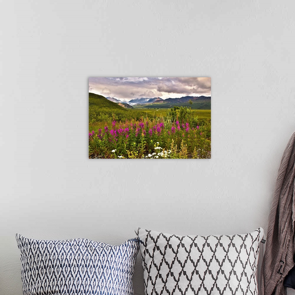 A bohemian room featuring View of the Gulkana Glacier from the Richardson Highway with fireweed in the foreground.