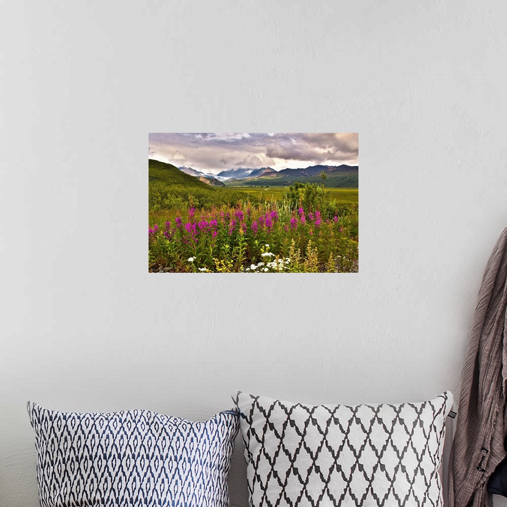 A bohemian room featuring View of the Gulkana Glacier from the Richardson Highway with fireweed in the foreground.