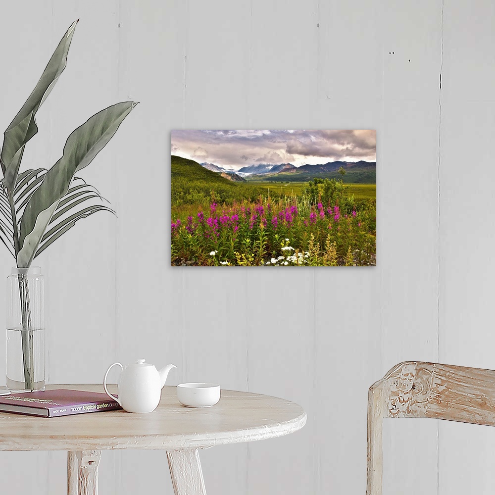 A farmhouse room featuring View of the Gulkana Glacier from the Richardson Highway with fireweed in the foreground.