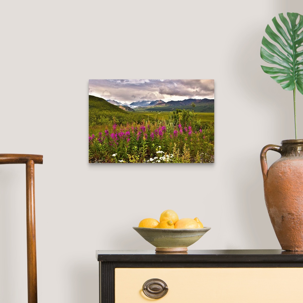 A traditional room featuring View of the Gulkana Glacier from the Richardson Highway with fireweed in the foreground.