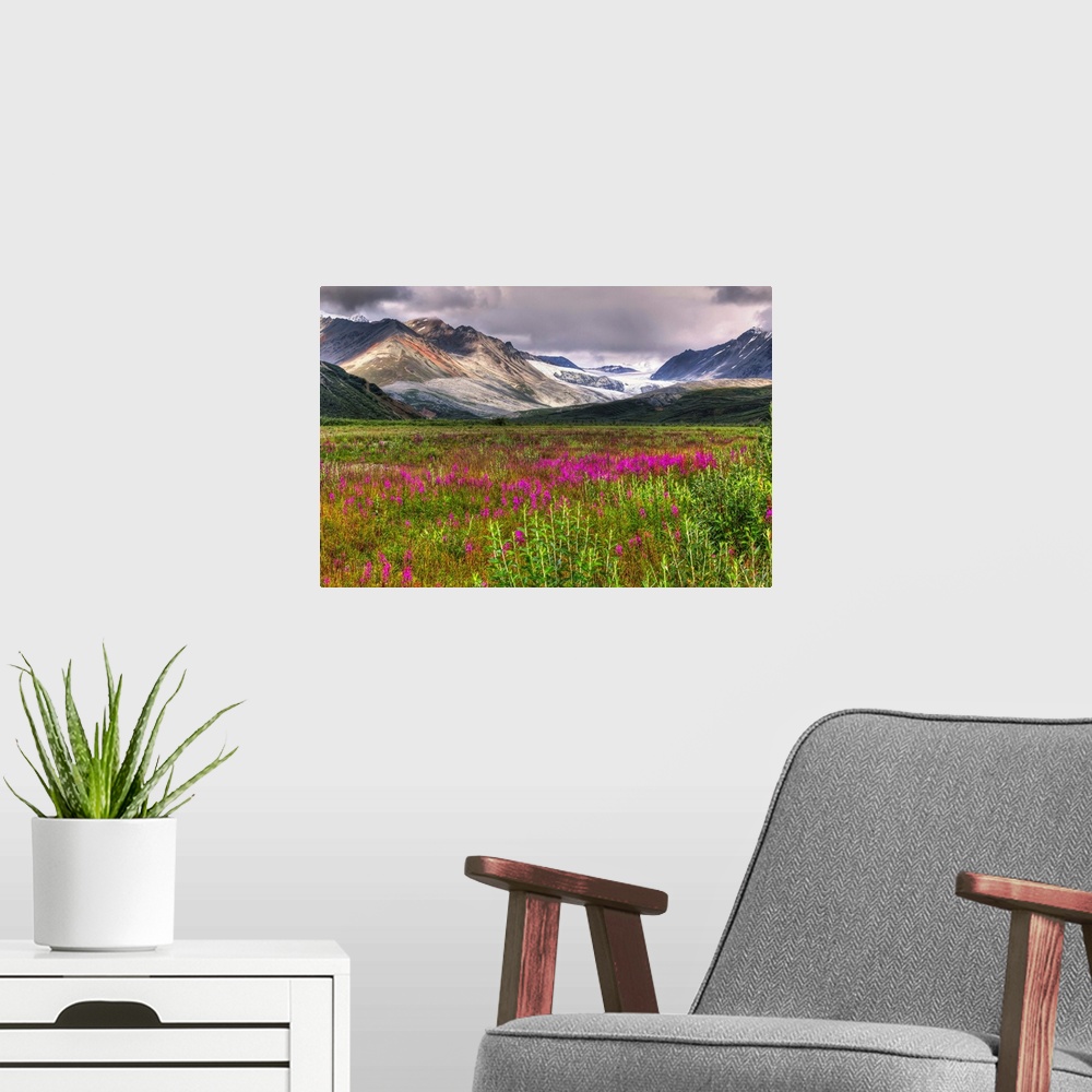 A modern room featuring View of the Gulkana Glacier from the Richardson Highway with fireweed in the foreground and the A...