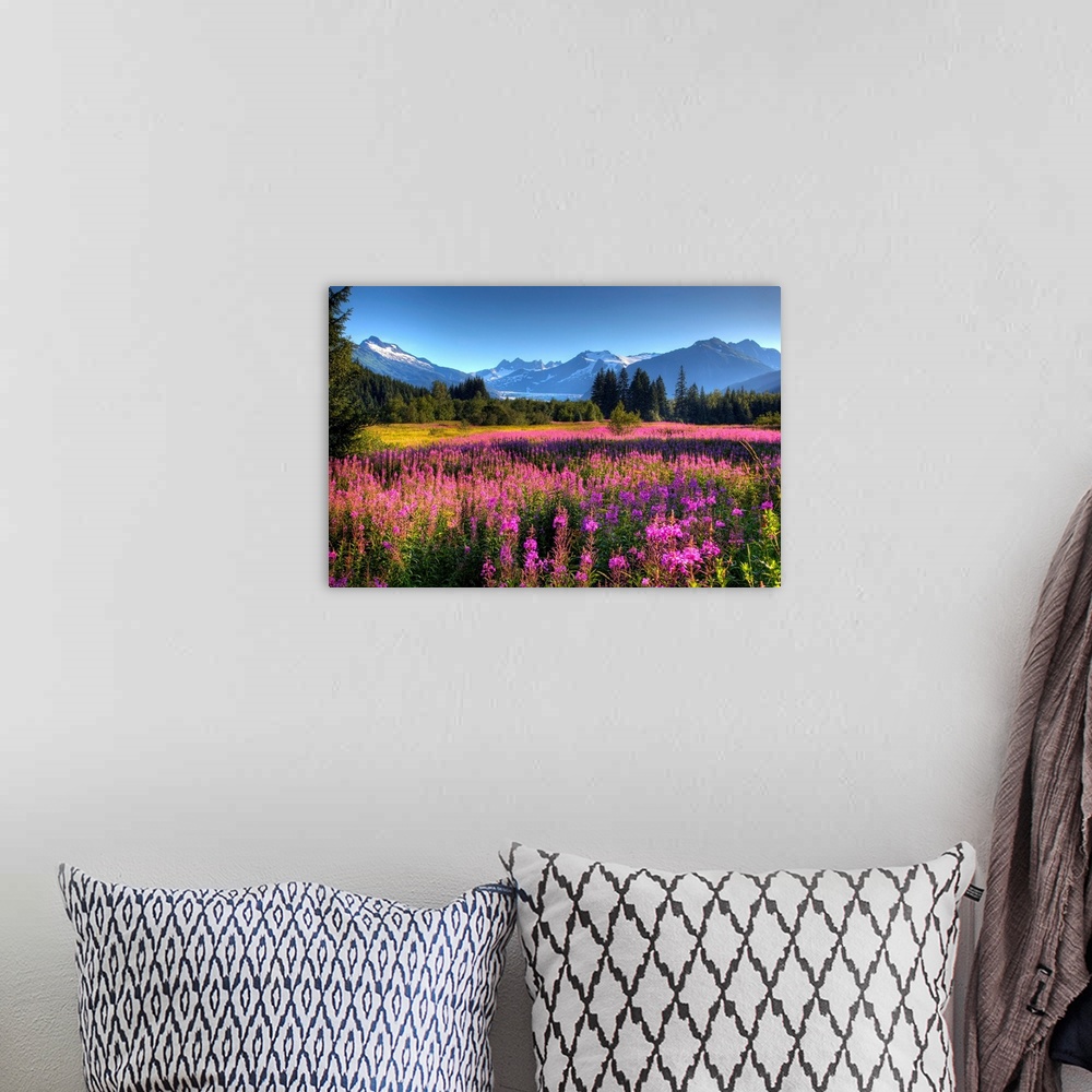 A bohemian room featuring Oversized wall art of a meadow of wildflowers in a valley of evergreen trees with an Alaskan glac...