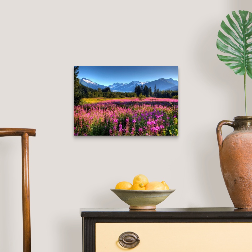 A traditional room featuring Oversized wall art of a meadow of wildflowers in a valley of evergreen trees with an Alaskan glac...