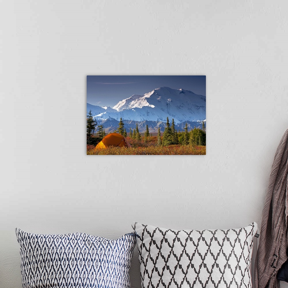 A bohemian room featuring Oversized landscape photograph of snow covered Mt. McKinley behind a an open filed with some pine...