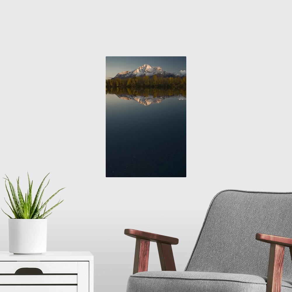 A modern room featuring Scenic View Of Pioneer Peak Reflecting In Echo Lake At Sunset, Southcentral, Alaska