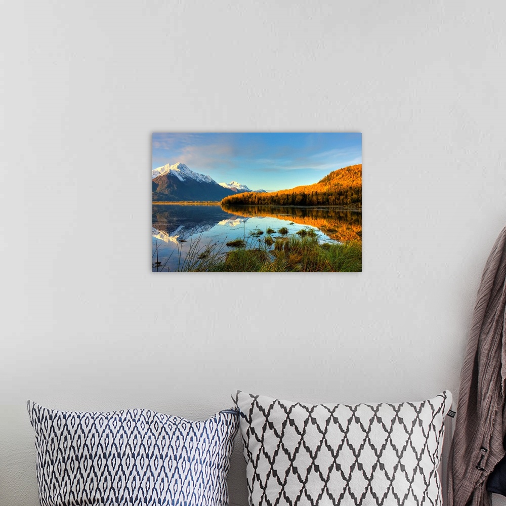 A bohemian room featuring Scenic view of Pioneer Peak reflecting in Jim Lake in Mat-Su Valley, Alaska