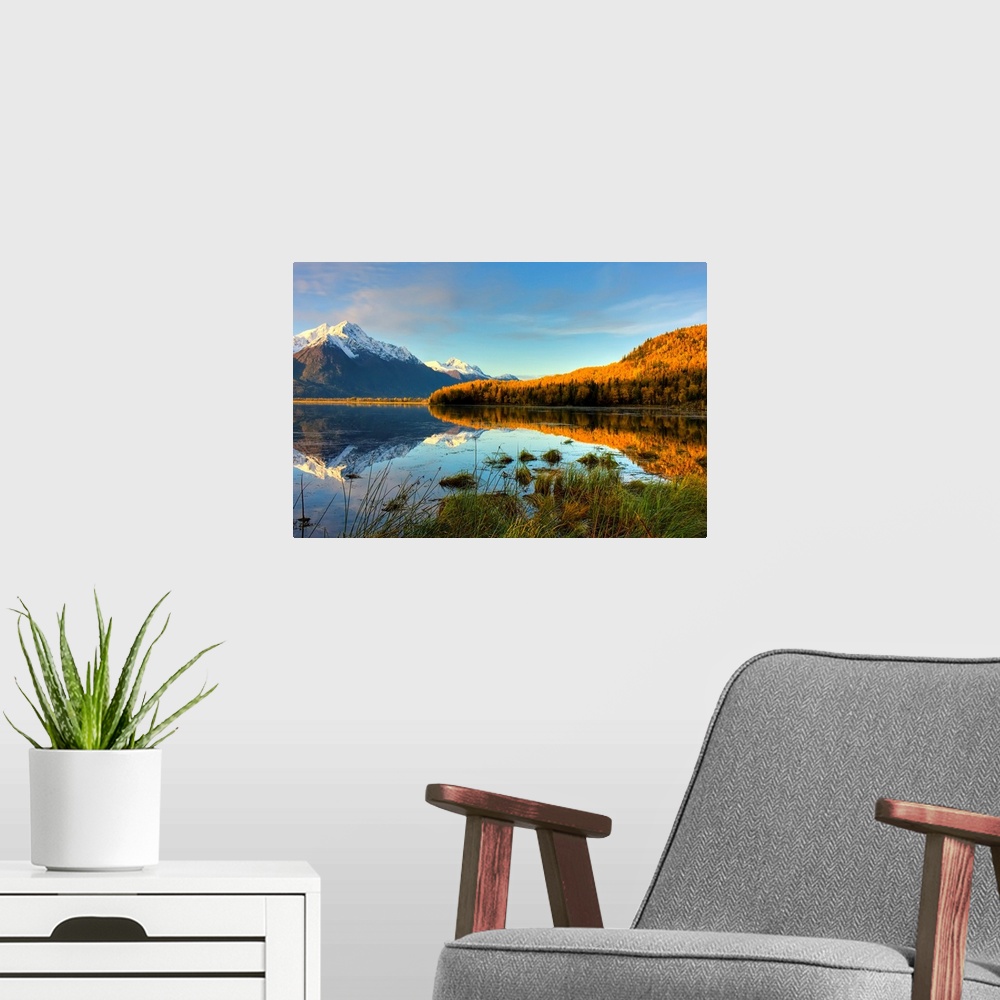 A modern room featuring Scenic view of Pioneer Peak reflecting in Jim Lake in Mat-Su Valley, Alaska