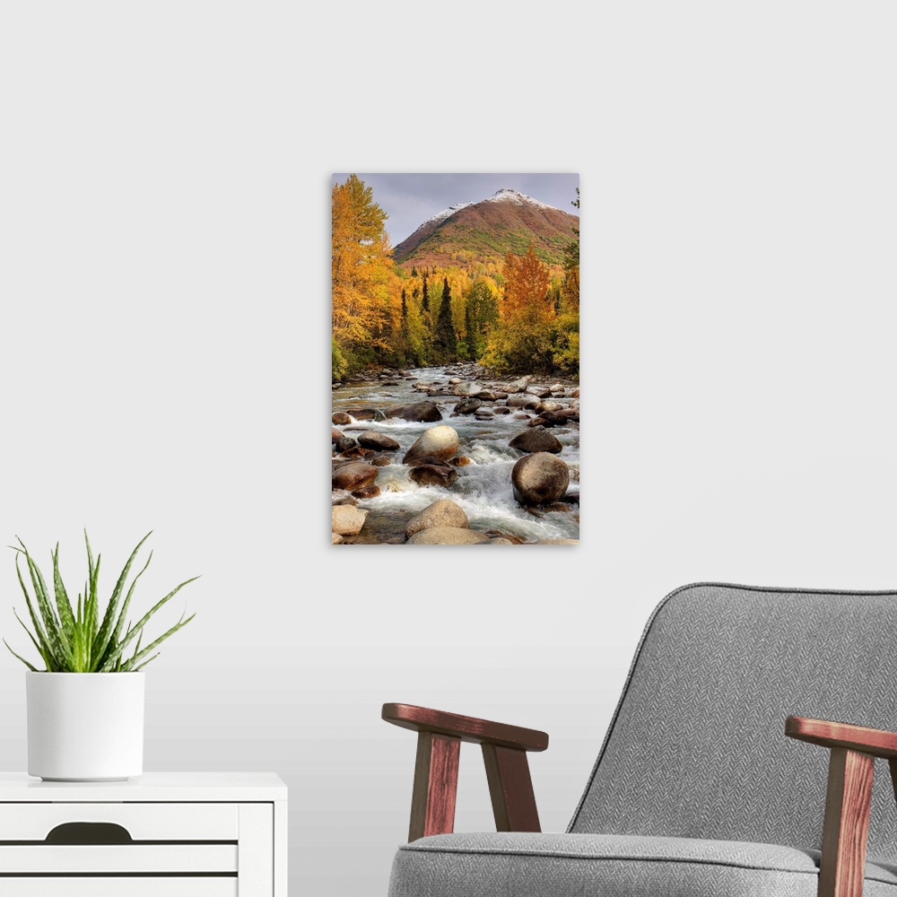 A modern room featuring Vertical photograph on a large wall hanging of the rocky Little Susitna River leading toward a la...
