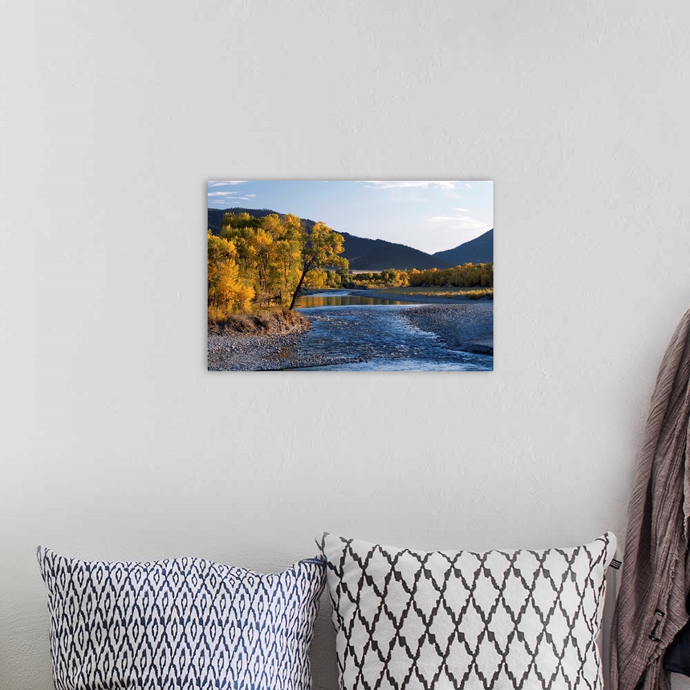 A bohemian room featuring Scenic view of the Yellowstone River with Absaroka range backdrop, Montana, United States of America