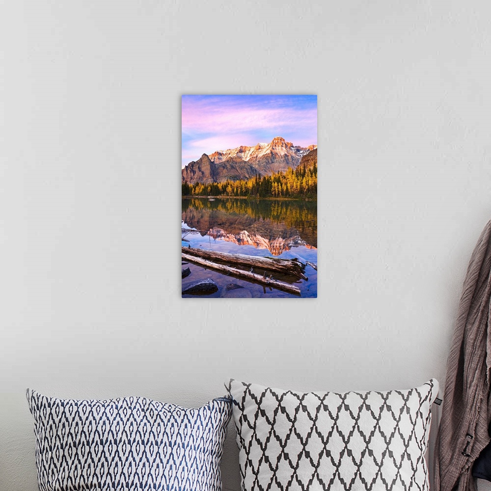 A bohemian room featuring Schaffer Lake And Mount Huber At Sunset, British Columbia, Canada
