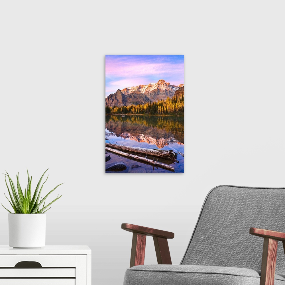 A modern room featuring Schaffer Lake And Mount Huber At Sunset, British Columbia, Canada