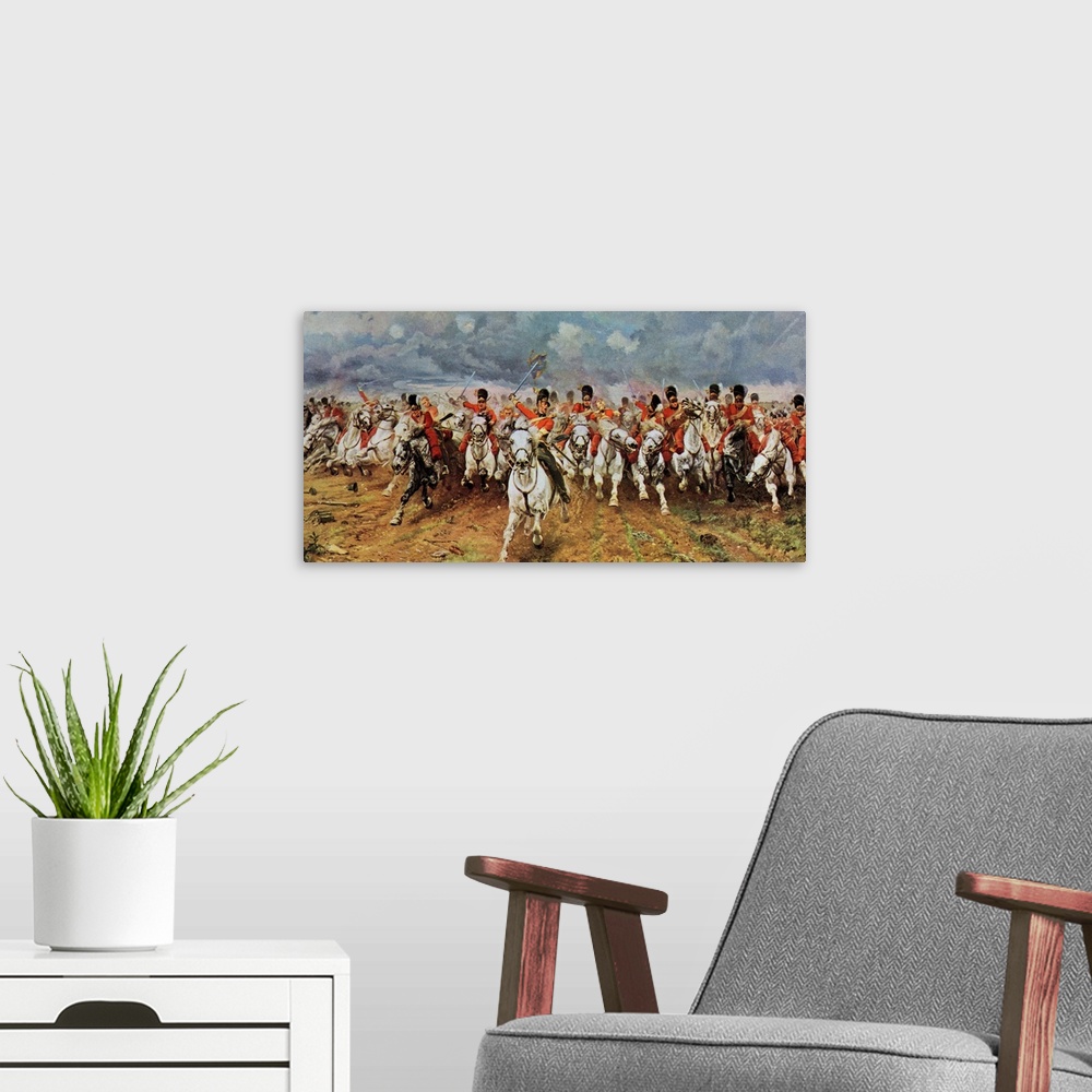 A modern room featuring Scotland Forever. The Royal Scots Greys Charge At Waterloo. Painting By Lady Elizabeth Butler. Fr...
