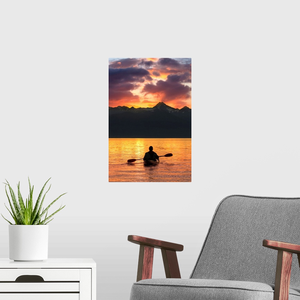 A modern room featuring Sea Kayaking on a sublime evening in Lynn Canal near Eagle Beach State Recreation Area, Juneau, A...