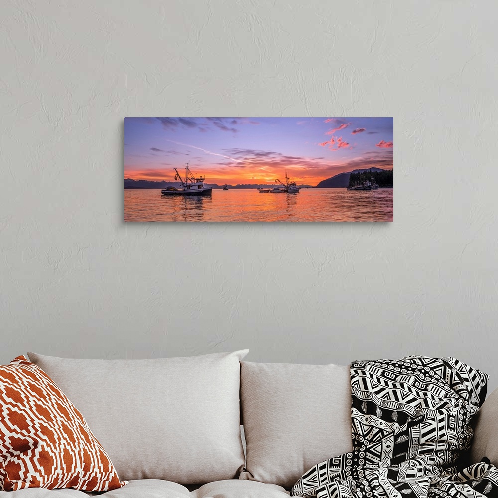 A bohemian room featuring Seiners anchored in Amalga Harbor at sunset awaiting a commercial salmon opening, Southeast Alask...