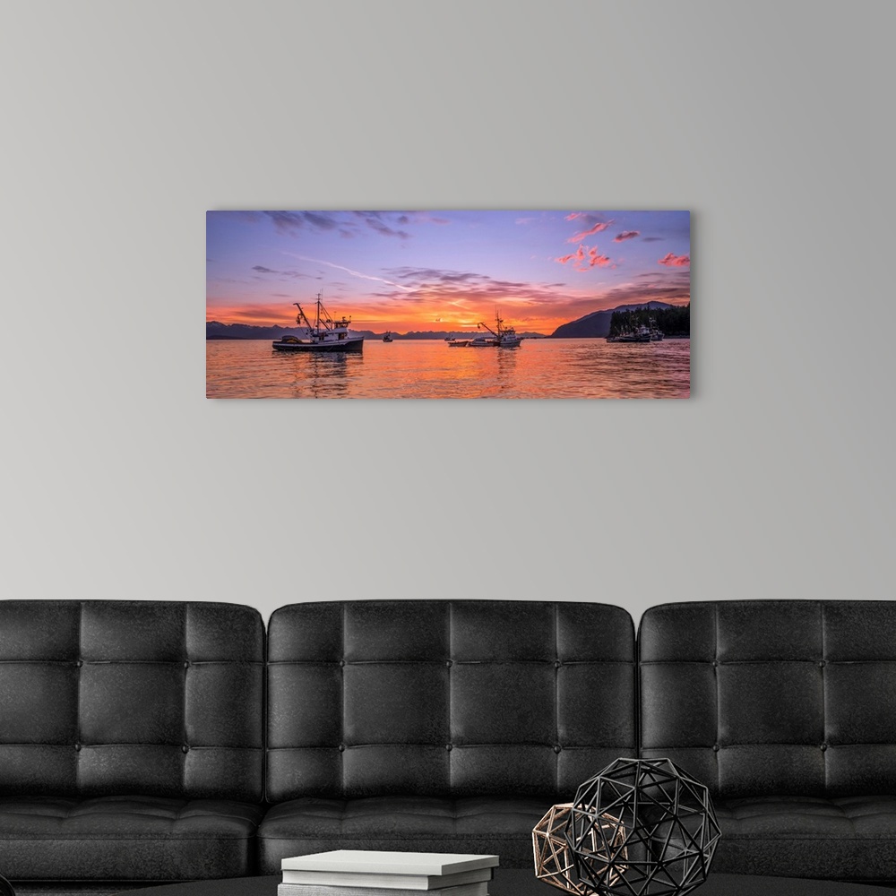 A modern room featuring Seiners anchored in Amalga Harbor at sunset awaiting a commercial salmon opening, Southeast Alask...
